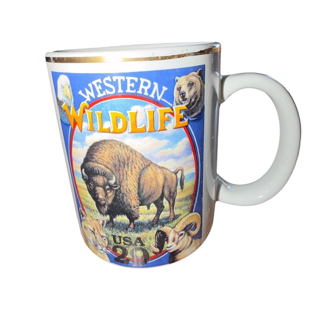 Heartland China Western Wildlife Mug USPS Stamp 1994 White‎ Gold Rim Vintage